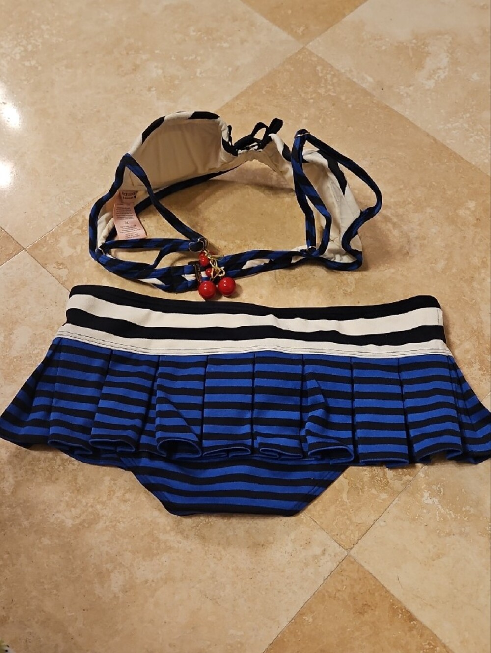 Juicy Couture Navy and White Striped Bikini Swim with Gold Logo Buttons - Picture 2 of 8